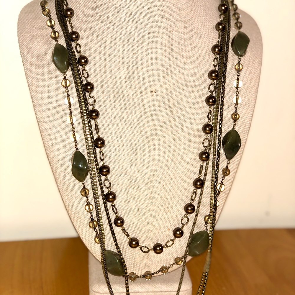 Women's Multiple Chain Long Emerald Stone Beaded Necklace Size OS